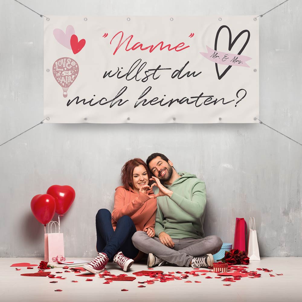 Antragsbanner Love Rot mit sitzendem Pärchen