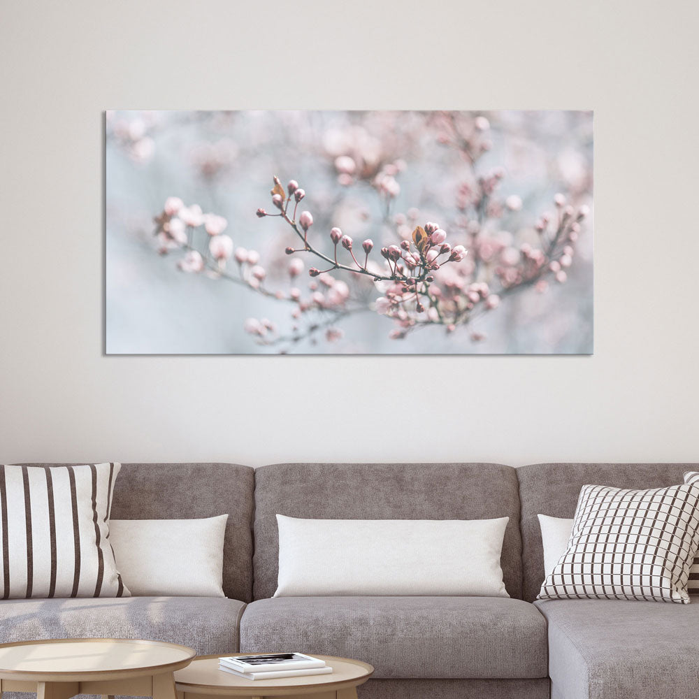 Leinwandbild "Kirschblüte" mit grauem Sofa