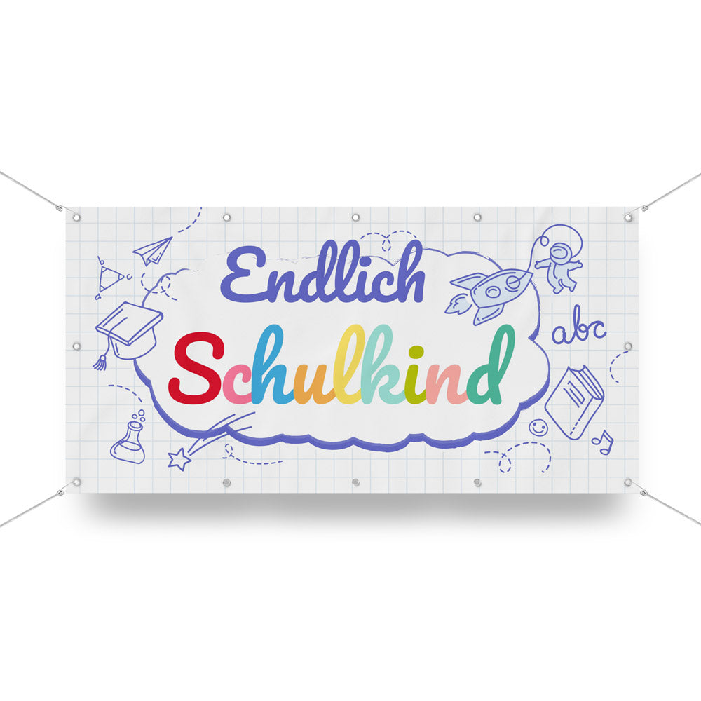 Banner zur Einschulung "Endlich Schulkind" Weiß Hauptbild