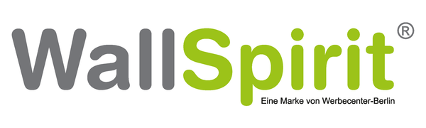 WallSpirit® Logo – Eine Marke von Werbecenter-Berlin. Modernes Branding mit grauer und grüner Schrift für hochwertige Wanddekoration und Design-Produkte.