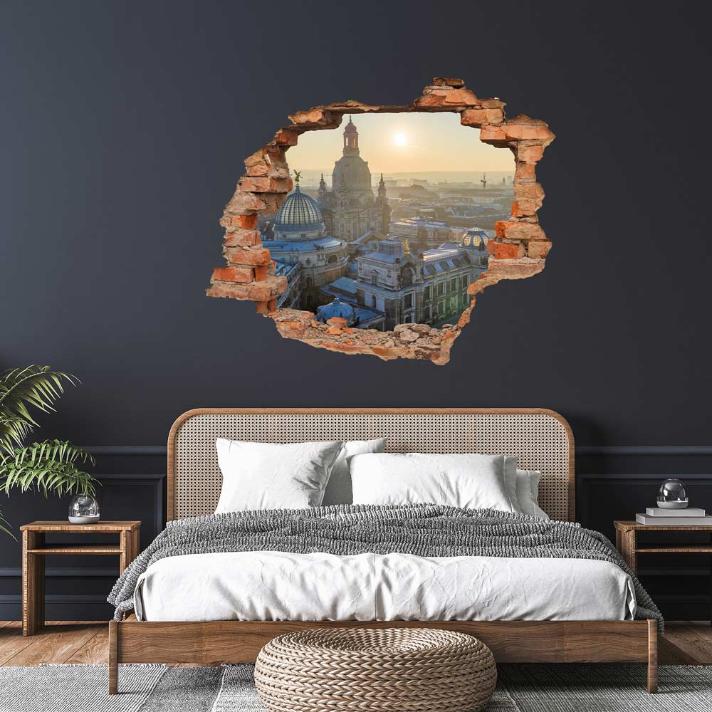 Wandtattoo - Ziegelsteinwand "Dresden" auf dunkler Wand mit Holzbett