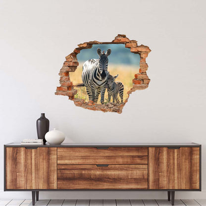 Wandtattoo - Wanddurchbruch "Zebra mit Fohlen" über braunem Sideboard