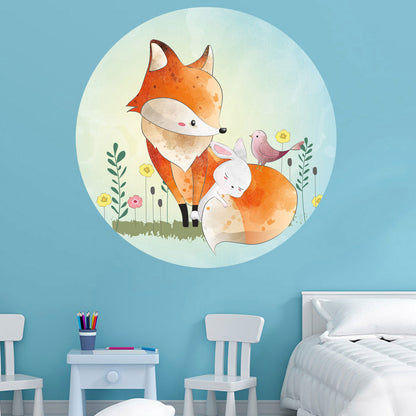 Runder Wandaufkleber "Fuchs und Hase"  in Kinderzimmer mit blauer Wand