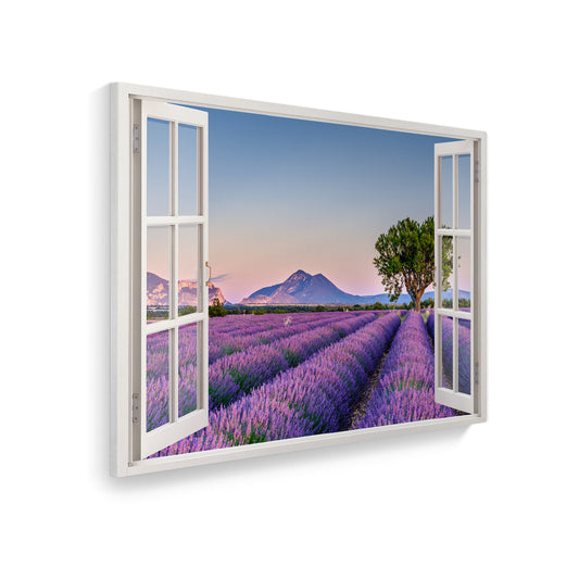 Leinwand Fensterblick Hauptbild Lavendelfeld Provence