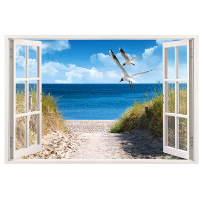 Startbild Leinwand mit Fensterblick auf Strand mit Möwen und Meer am Horizont