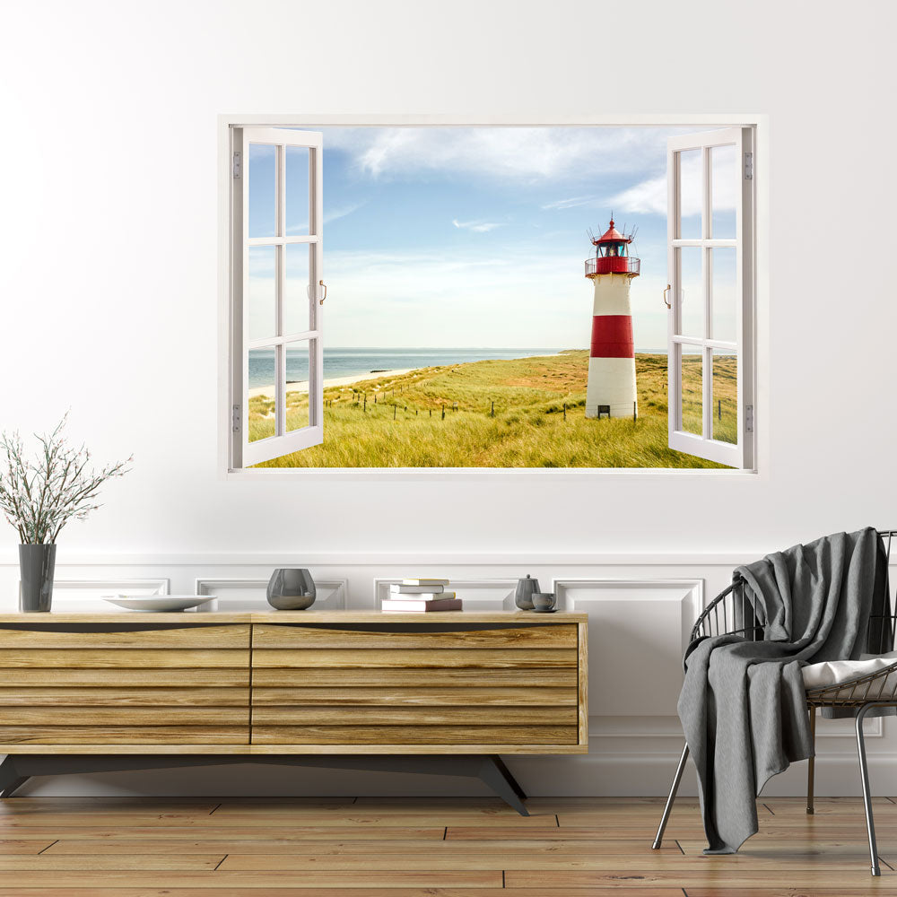 Acrylglasbild Möwe am Strand mit Leuchtturm